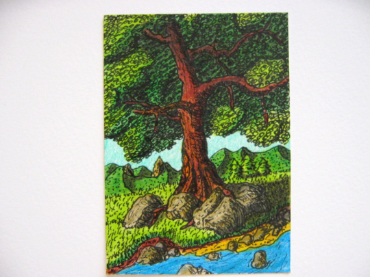 Original ink and color pencils artwork of an oak tree and a green mountain with a water stream landscape byartist Hristo Hvoynev from Bulgaria.
