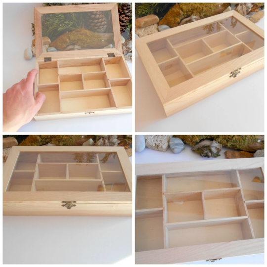 Unfinihed Wooden box glass display- 8 compartments