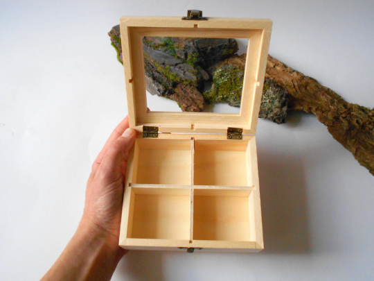 Unfinished Wooden box- glass display- 4 compartments