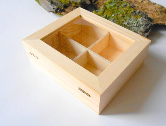Unfinished Wooden box- glass display- 4 compartments