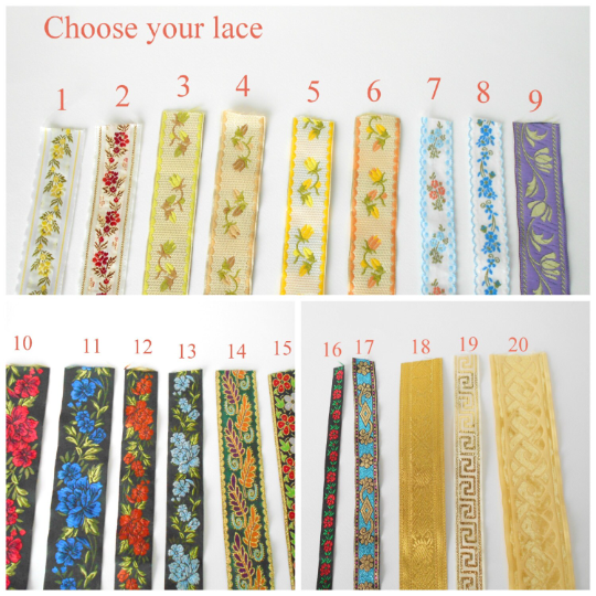 20 different colors and designs of laces with floral elements