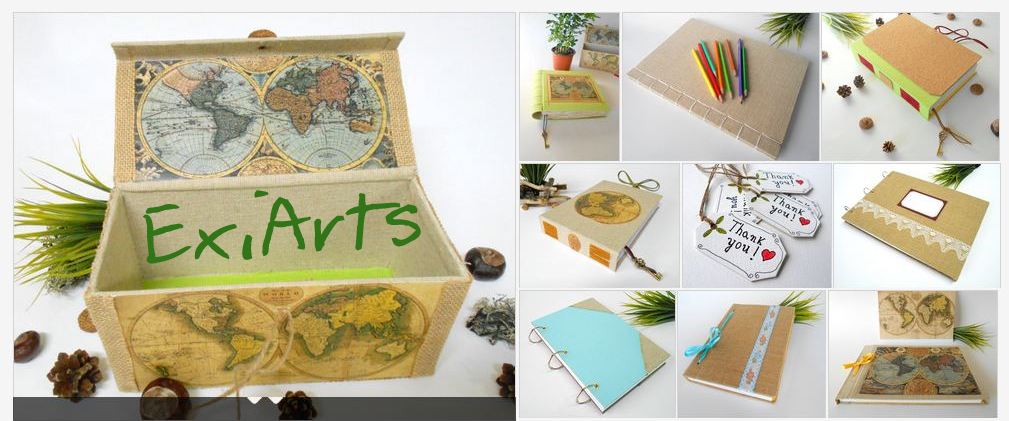 Handmade crafts like fabric box, fabric journals and sketchbooks and hang tags with thank you hand-drawn wording on them