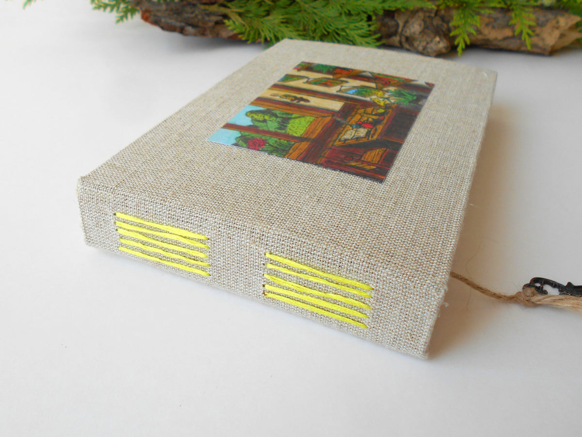 Handmade travel Art sketchbook journal with fabric hardcovers and an art print, skeleton key bookmark- eco-friendly blank book- 100% recycled page sheets
