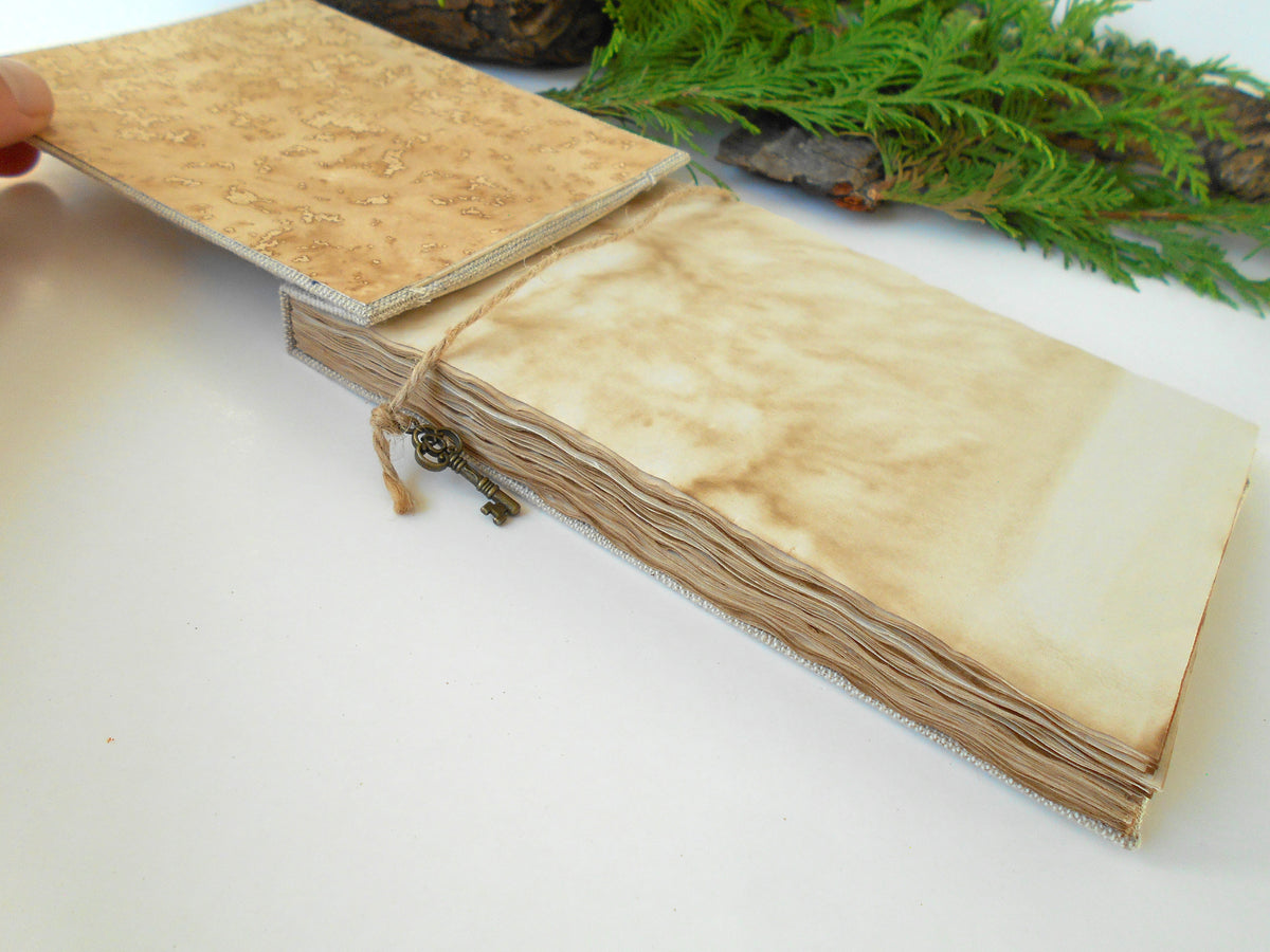 Rustic Travel sketchbook- refillable fabric sketchbook with coffee dyed 100% recycled pages- hardcover journal, personilized refillable journal