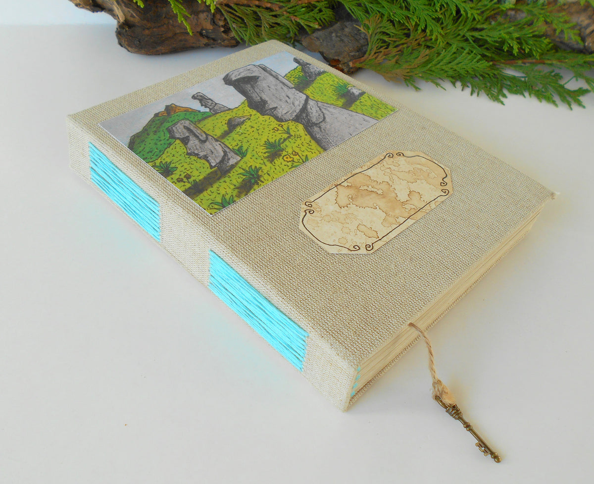 Handmade linen fabric journal with an Easter Island art &#39;What are those heads thinking- customised sketchbook journal-100% recycled pages