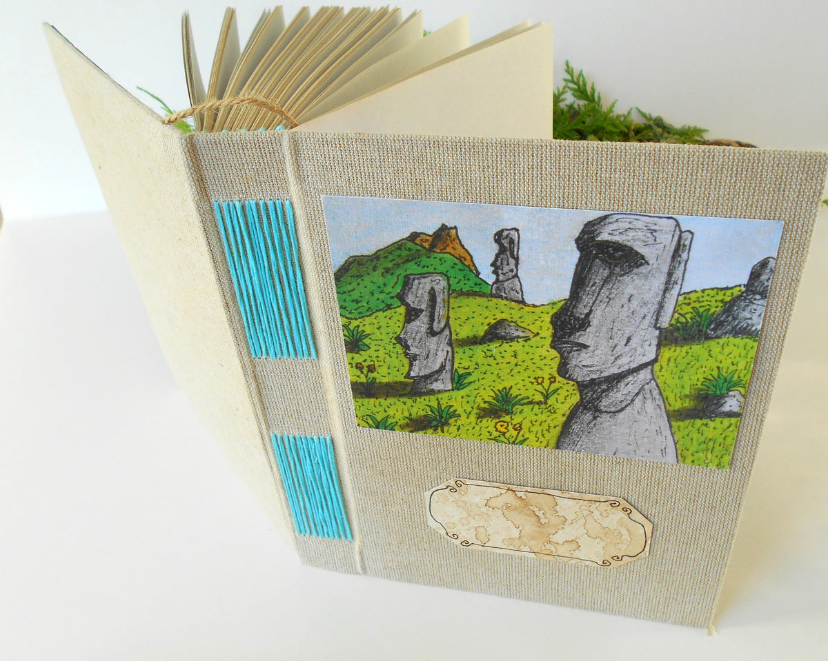 Handmade linen fabric journal with an Easter Island art &#39;What are those heads thinking- customised sketchbook journal-100% recycled pages