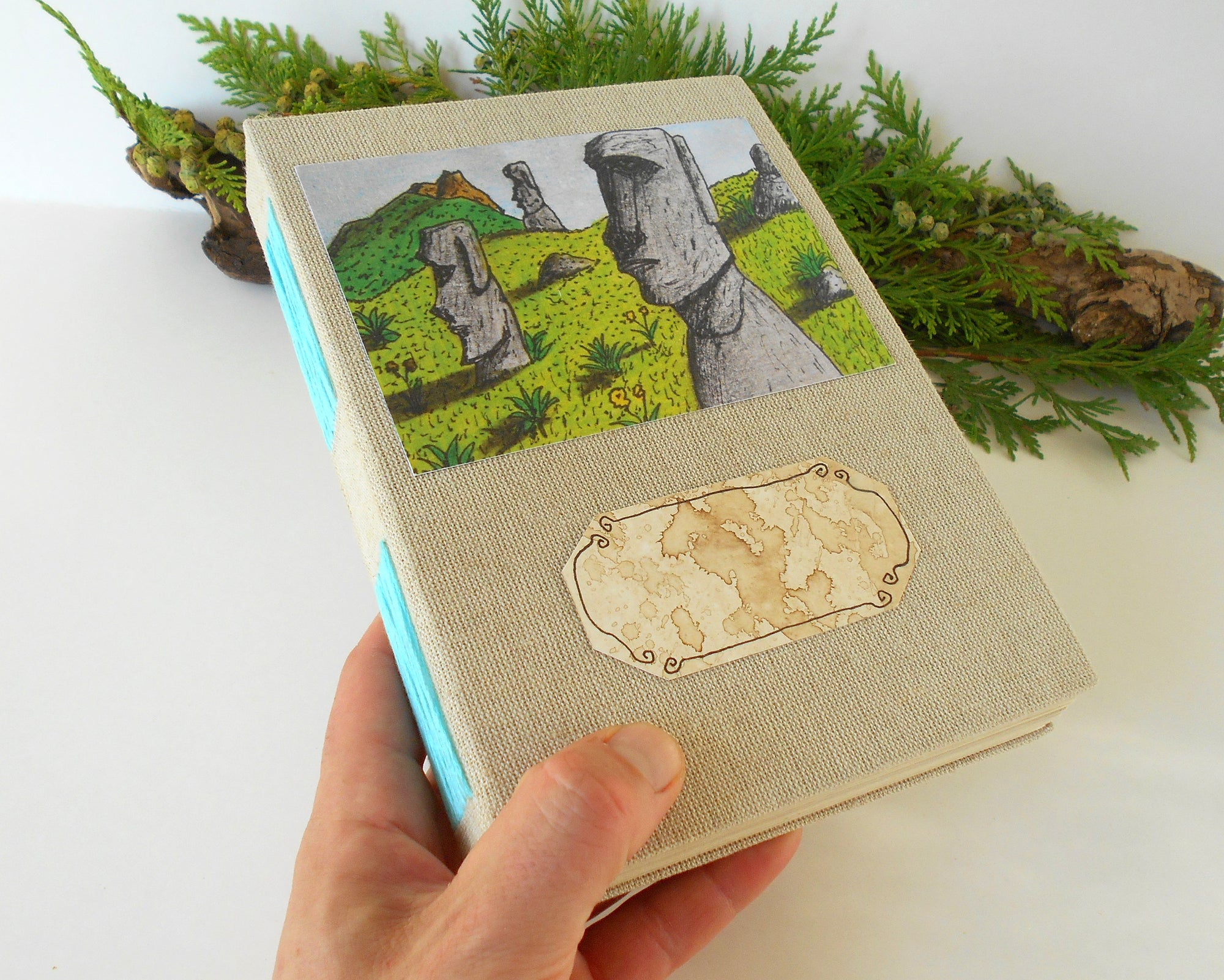 Handmade linen fabric journal with an Easter Island art 'What are those heads thinking- customised sketchbook journal-100% recycled pages