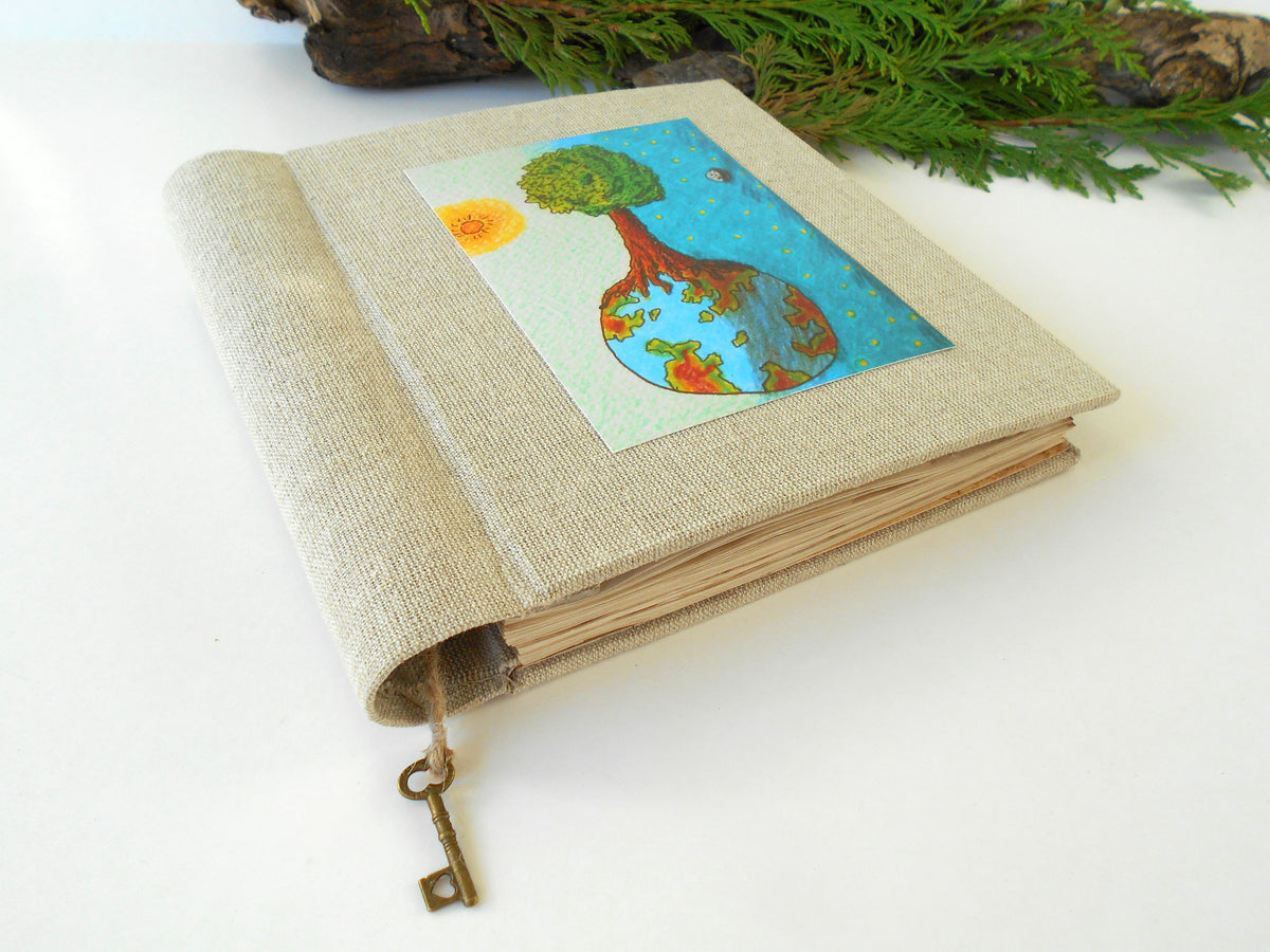 Inspirational travel journal- Handmade travel book- refillable Rustic journal with hardcovers and eco-friendy linen fabric - coffee-colored pages