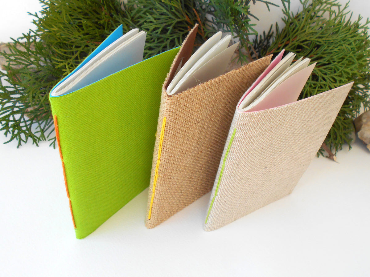 Fabric notebooks set of 3- Hemp cord binding- 100% recycled pages