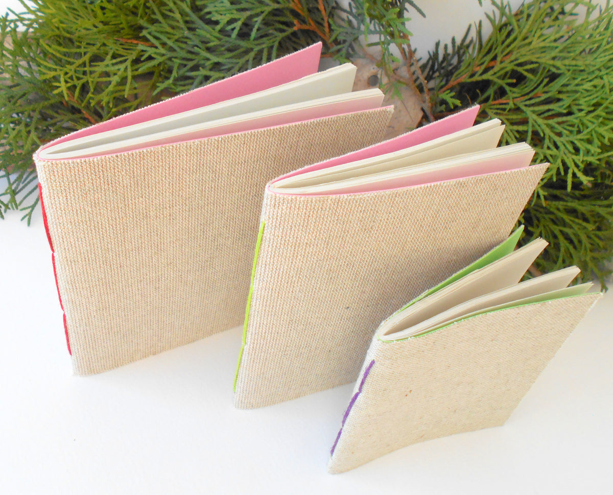 Fabric notebooks set of 3- Hemp cord binding- 100% recycled pages
