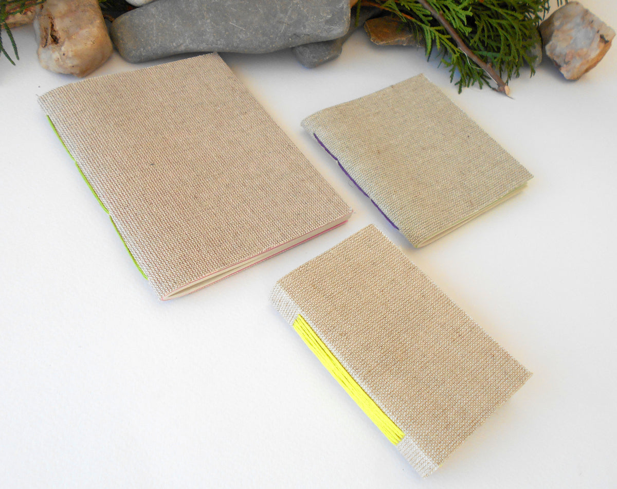 Set of 3 Linen notebooks- Hemp cord binding- 100% recycled pages