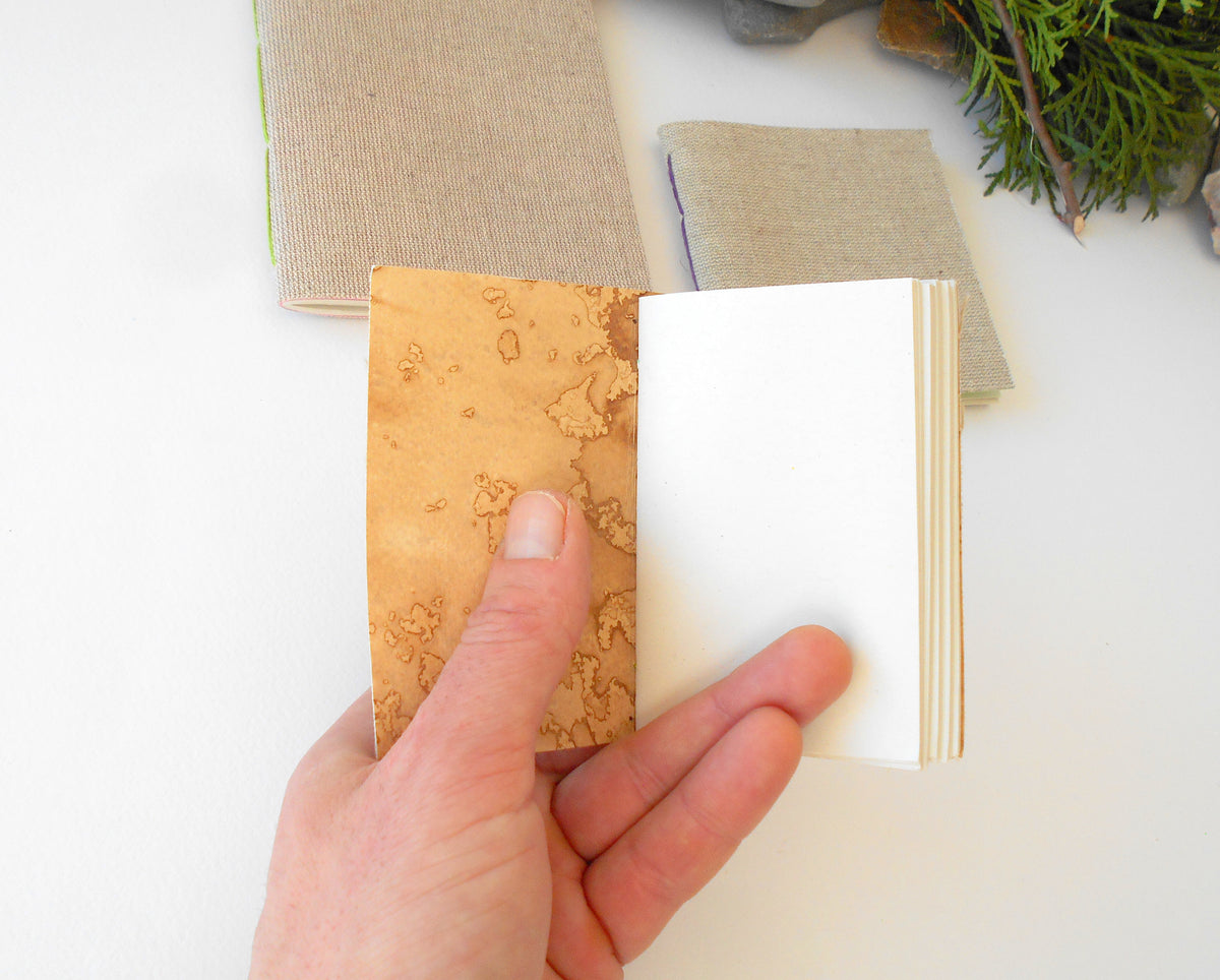 Set of 3 Linen notebooks- Hemp cord binding- 100% recycled pages