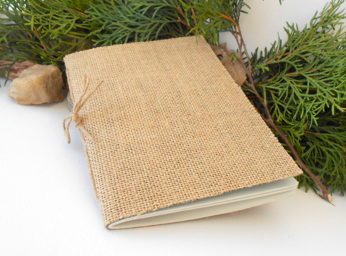 Burlap notebook- Twine refillable binding- 100% recycled pages