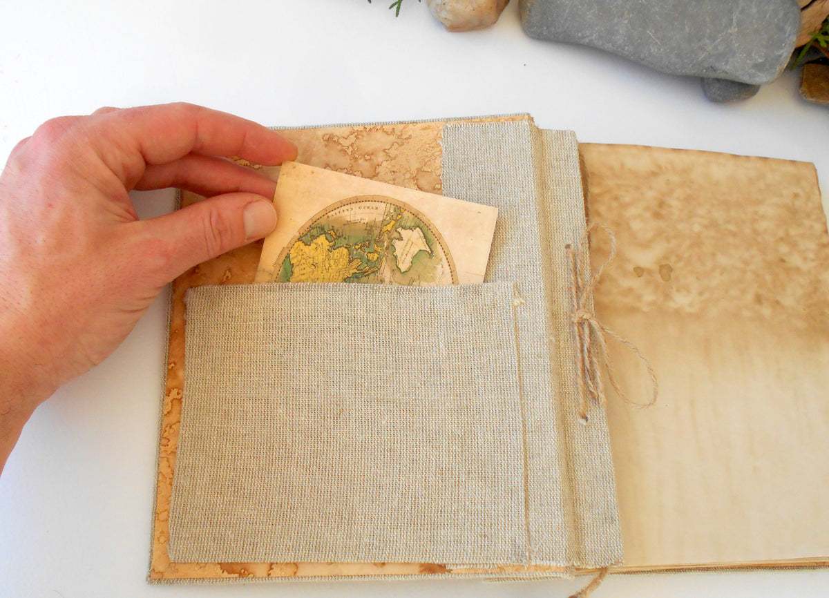 Art travel journal- Handmade refillable with hardcovers, eco-friendy linen fabric, coffee pages