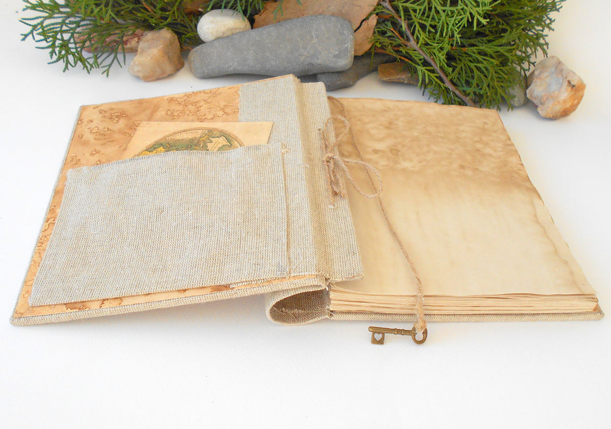 This is a unique inspirational personalized travel journal with hardcovers wrapped in a linen fabric covering. This refillable blank journal is made with 100% recycled page sheets in 80 gsm. paper which is 54 lbs thick. I have coffee-stained the pages so that they look old and vintage. 