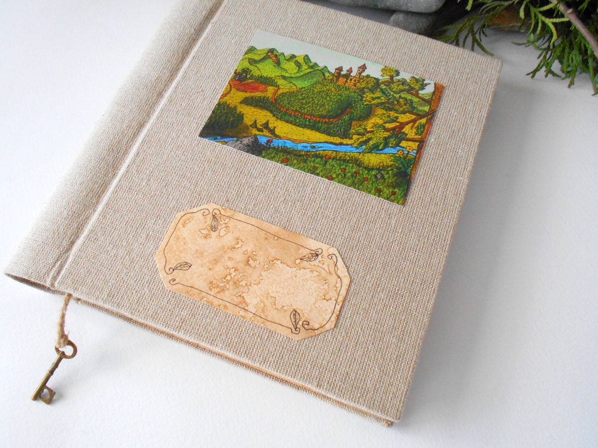 Art travel journal- Handmade refillable with hardcovers, eco-friendy linen fabric, coffee pages