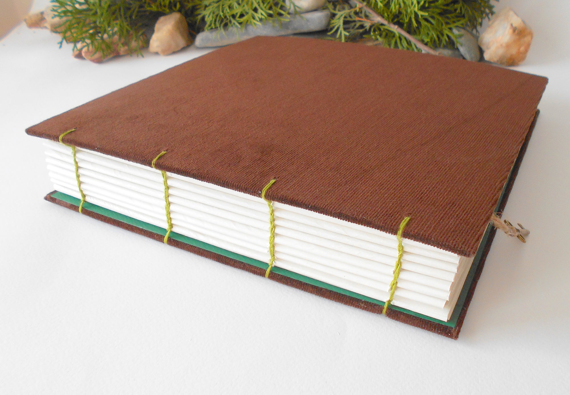 Brown coptic bound fabric journal- 100% recycled pages- gift for writers, artist and teachers- green thread bindinb but you can chooe from 23 colors to personalize a different color for your binding