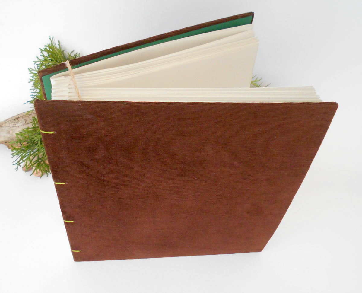 Brown coptic bound fabric journal- 100% recycled pages- gift for writers, artist and teachers- green thread bindinb but you can chooe from 23 colors to personalize a different color for your binding