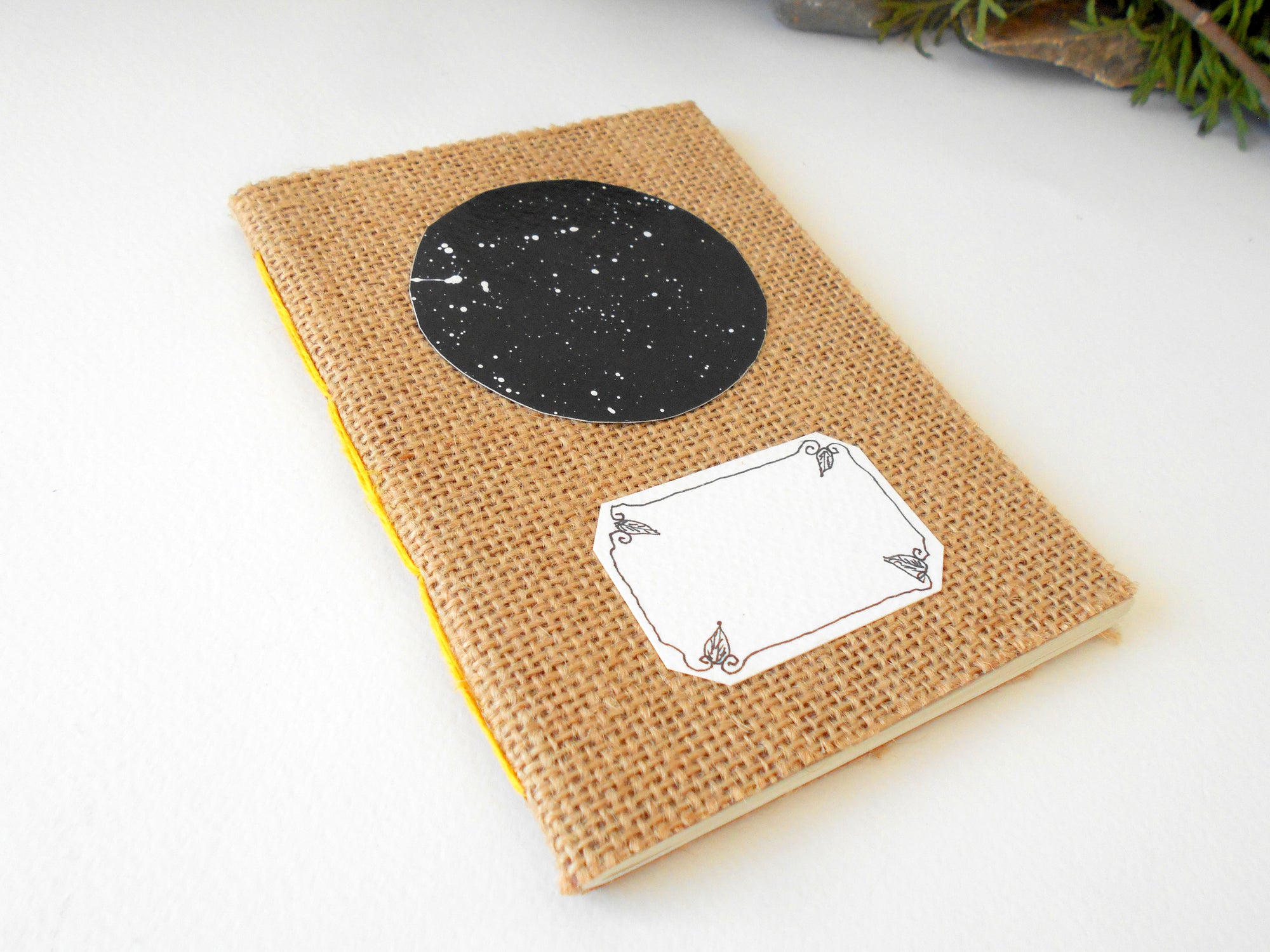 Art Star Sky Burlap notebook- Hemp cords- 100 recycled pages