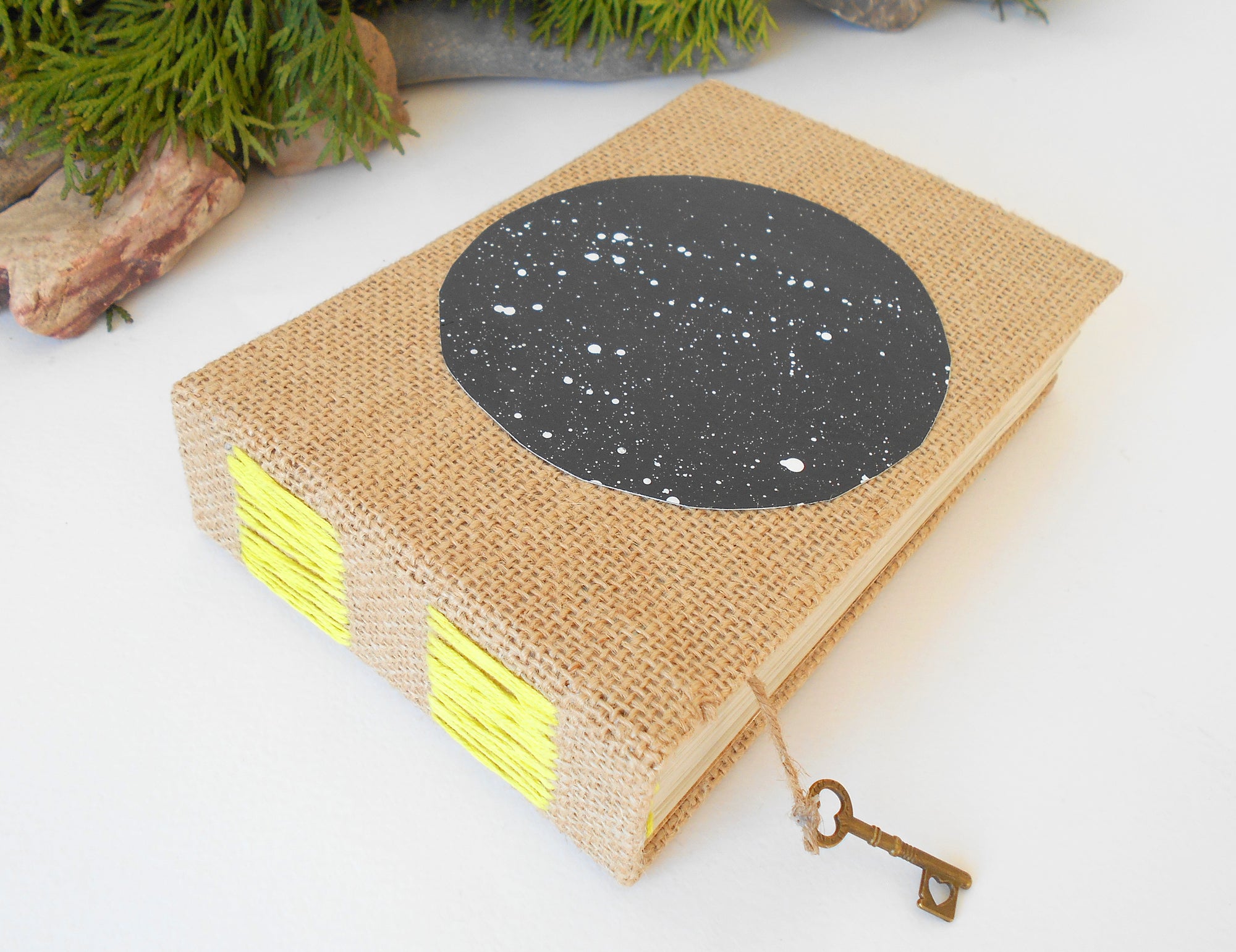  Travel sketchbook with hardcovers and 100% recycled pages and a star sky hand-painted acrylic art circle that I made. It can be used as a wedding book for a rustic wedding.