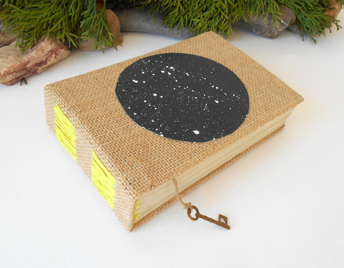Travel sketchbook with hardcovers and 100% recycled pages and a star sky hand-painted acrylic art circle that I made. It can be used as a wedding book for a rustic wedding.