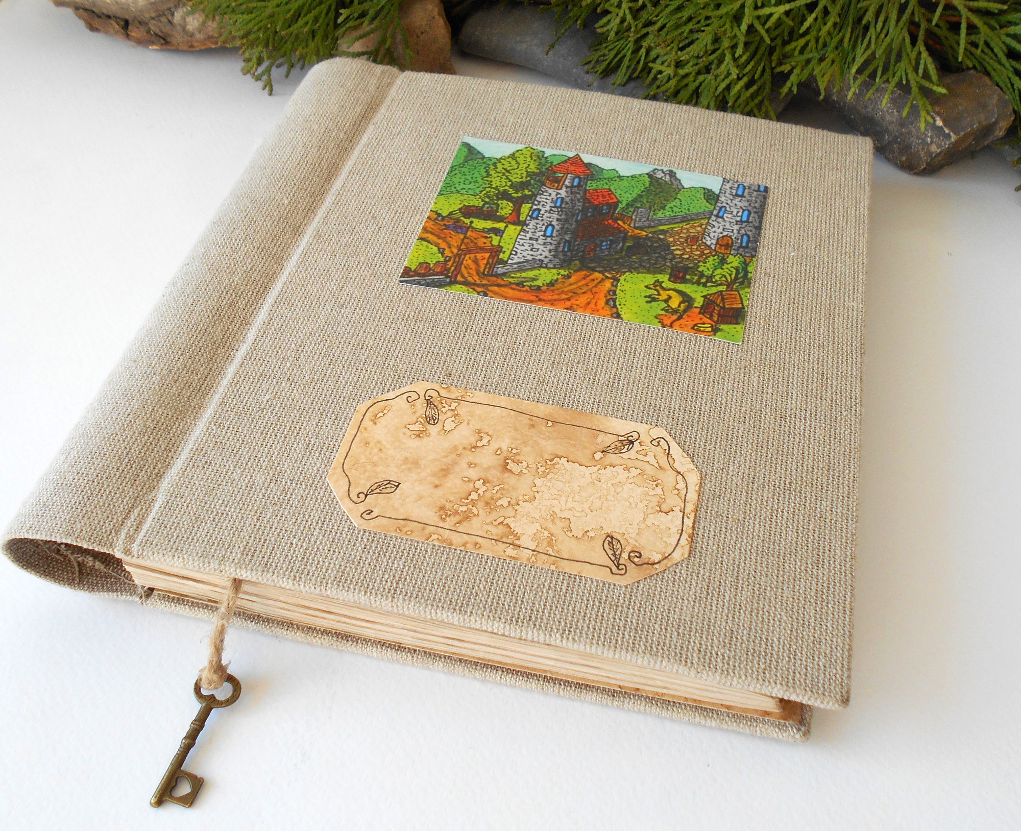 This is a unique inspirational personalized travel journal with hardcovers wrapped in a linen fabric covering. This refillable blank journal is made with 100% recycled page sheets in 80 gsm. paper which is 54 lbs thick. I have coffee-stained the pages so that they look old and vintage. 