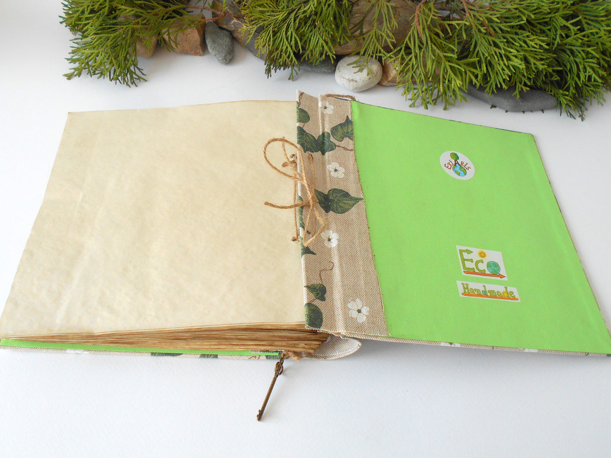 This is a unique inspirational personalized travel journal with hardcovers wrapped in a linen fabric covering. This refillable blank journal is made with 100% recycled page sheets in 80 gsm. paper which is 54 lbs thick. I have coffee-stained the pages so that they look old and vintage.
