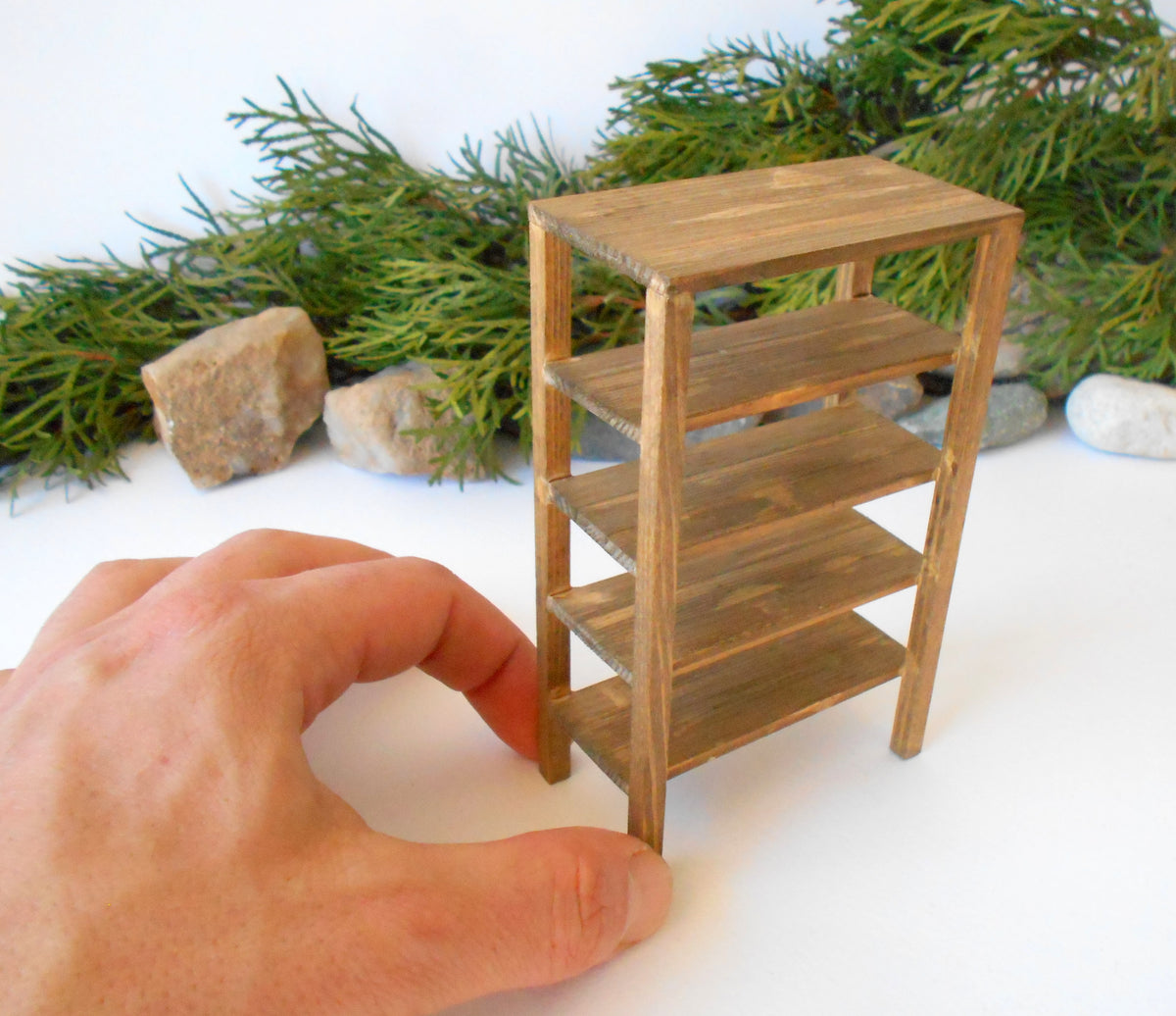 This is a Miniature shelf of wooden furniture that is approximately 1/12 in scale&lt;strong&gt;. &lt;/strong&gt;I have stained the shelf with light brown Italian eco-friendly mordant.&amp;nbsp;