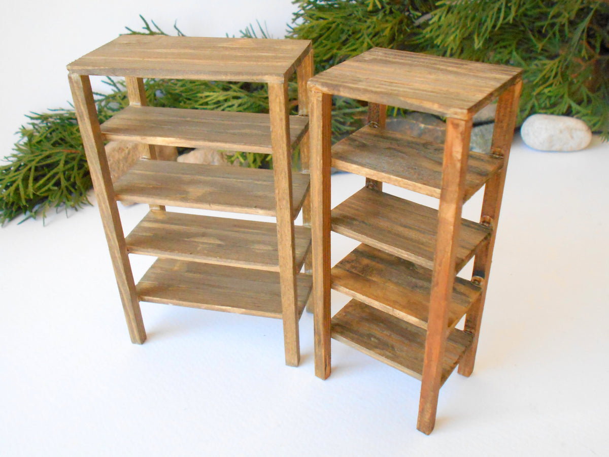 &lt;p&gt;This is a set of 2 miniature shelves of wooden furniture that is approximately 1/12 in scale&lt;strong&gt;. &lt;/strong&gt;I have stained the shelves with light brown Italian eco-friendly mordant.&amp;nbsp;&lt;/p&gt; &lt;p&gt;This is a listing to purchase one such set of small and big shelf like the set you see in the pictures. You will receive one big and one small shelf. See sizes below.&lt;br data-mce-fragment=&quot;1&quot;&gt;This mini&amp;nbsp;rack is crafted with eco-friendly glue and&amp;nbsp;pine wood fine and smoothed sticks.&lt;/p&gt;