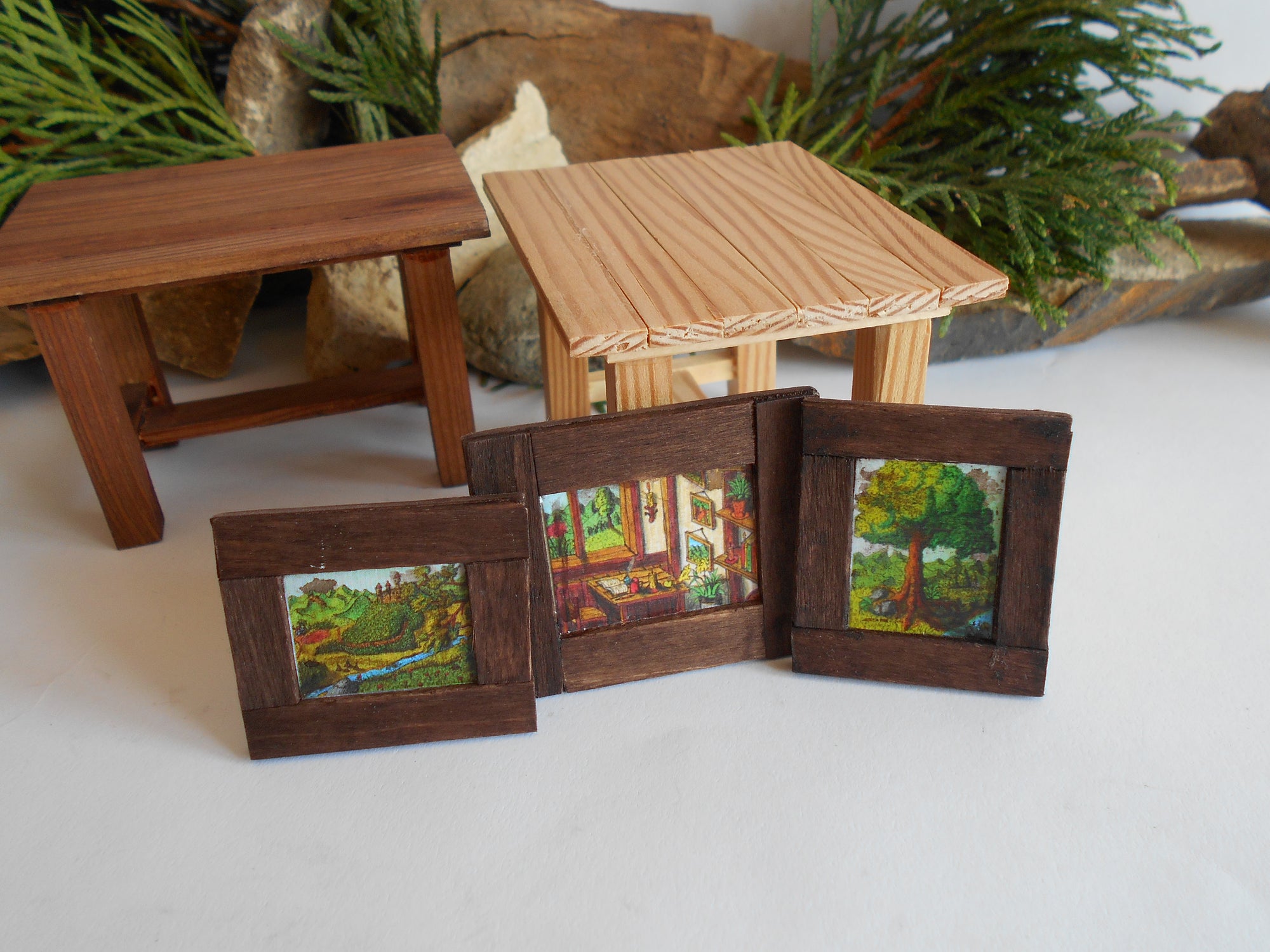 Handmade miniature wooden tables and wooden framed paintings mini decorations for dollhouses by Exirts eco-friendly company and Hristo Hvoynev
