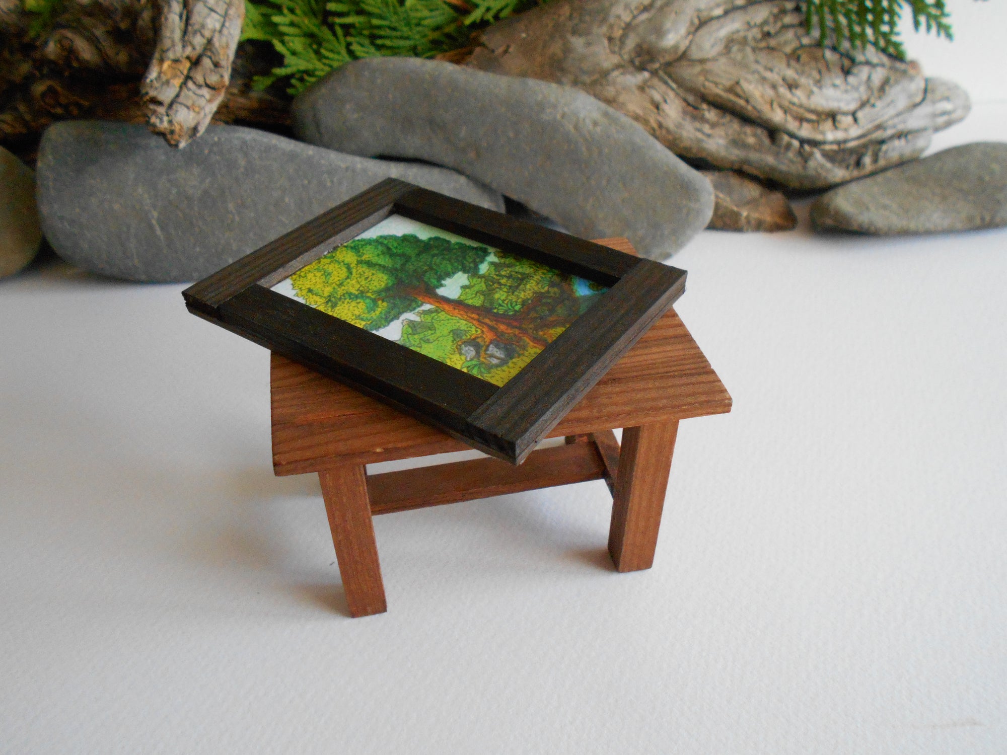 Handmade wooden framed miniature artwork painting for dollhouse decoration with an art of an oak tree and a mountain landscape by ExiArts eco-friendly company from Bulgaria.