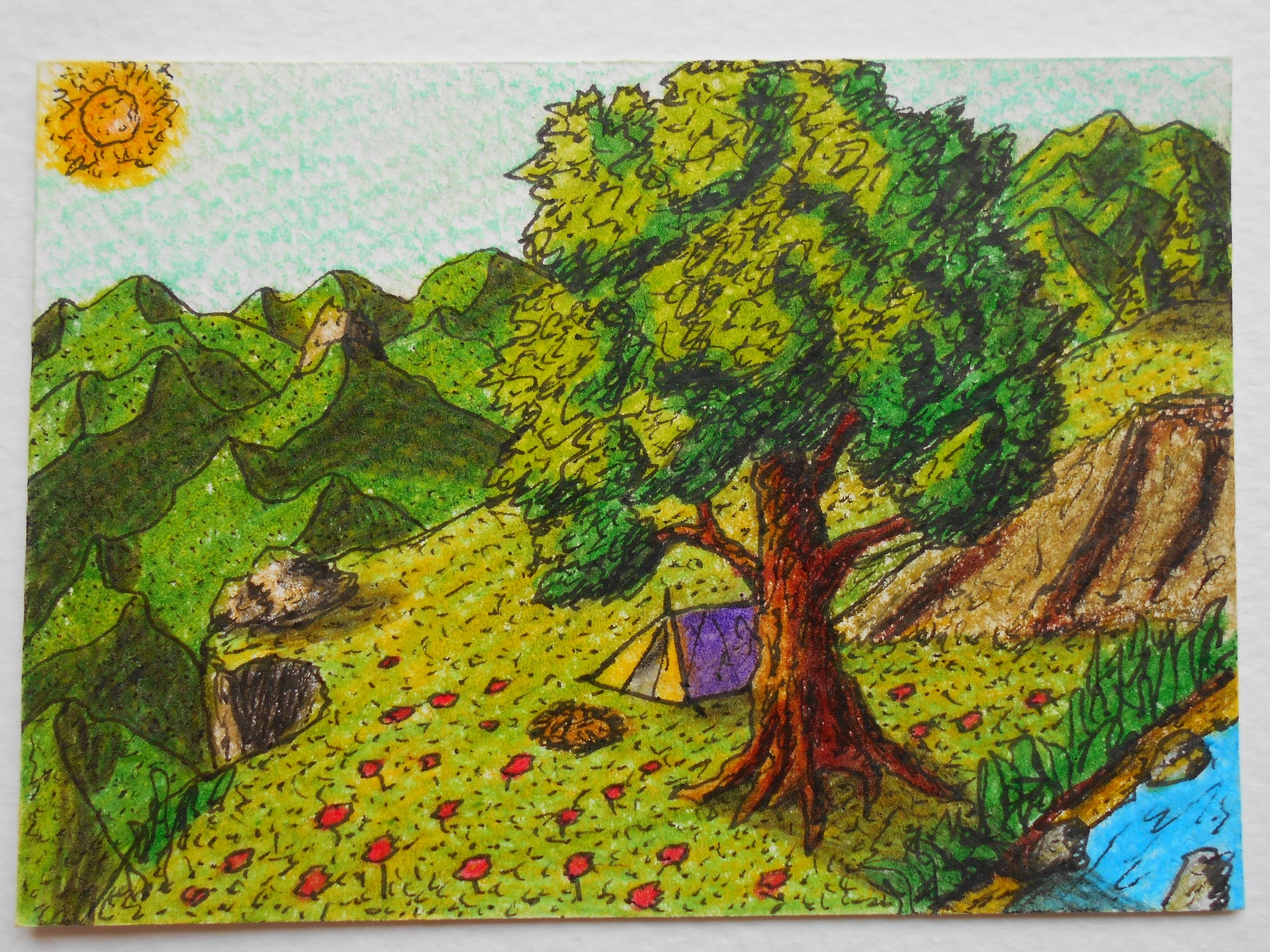 Art illustration drawing of an oak tree, a tent and a lawn near a mountain landscape view and sun shining 