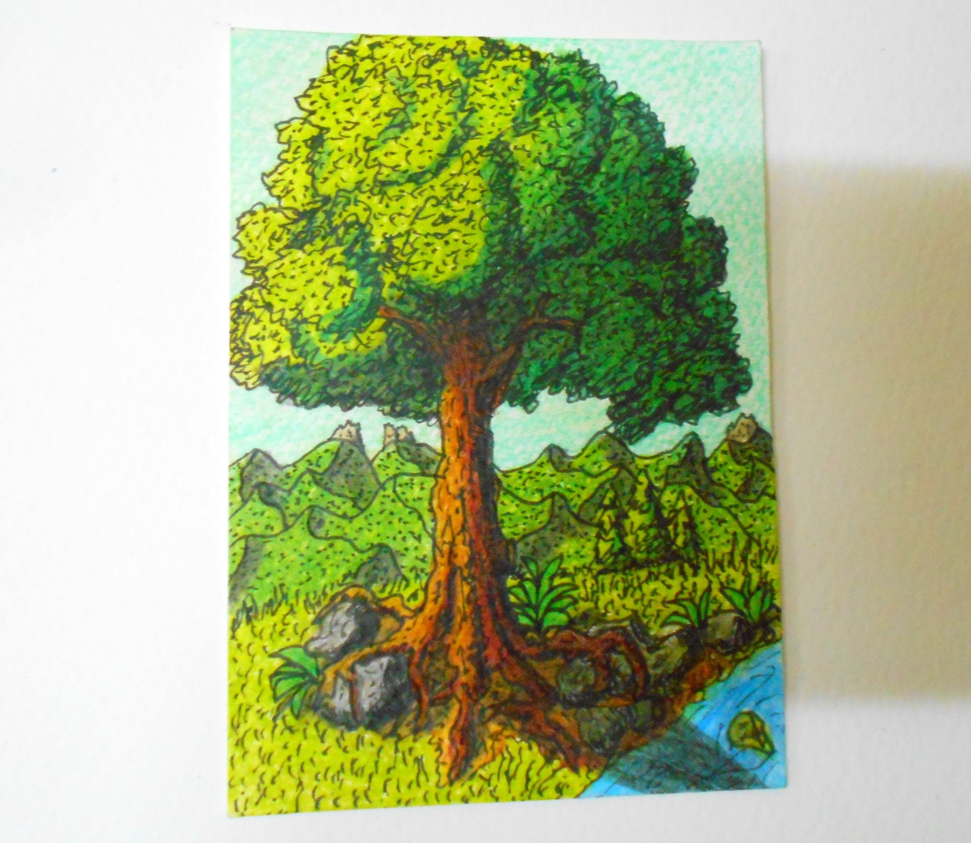 Original black ink and colored pencils artwork of an oak tree and a mountain landscape by Hristo Hvoynev from Bulgaria