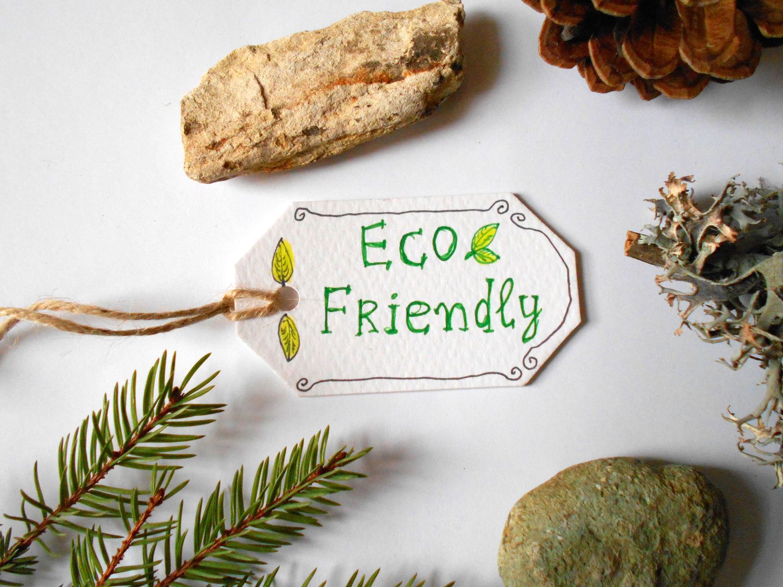 Handmade hang tag with hand-written eco-friendly word on it and surrounded by a pine branch, pine cone, stones and lichen