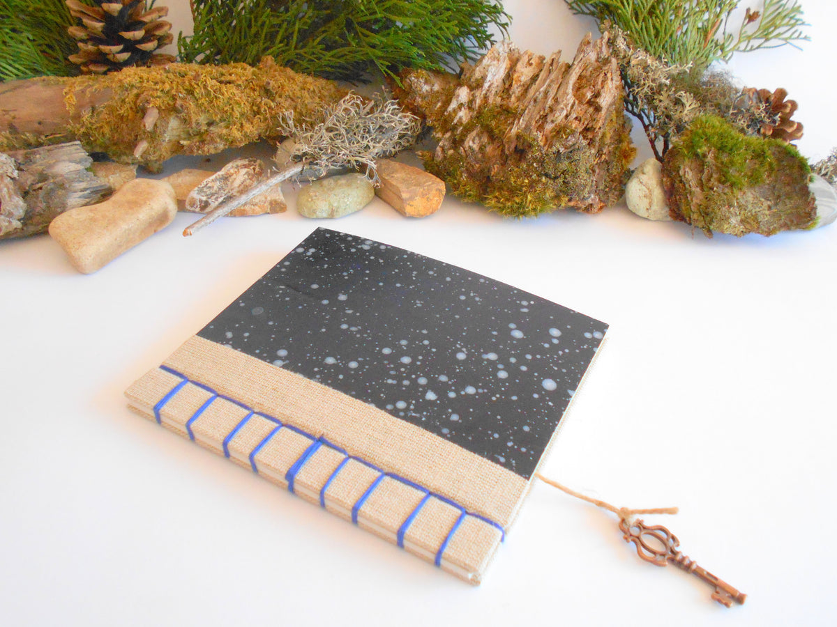 Travel journal with star sky art and linen fabric hard covers- 100% recycled pages- Hemp cord binding- eco-friendly wedding book