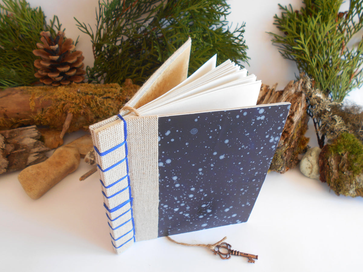 Travel journal with star sky art and linen fabric hard covers- 100% recycled pages- Hemp cord binding- eco-friendly wedding book