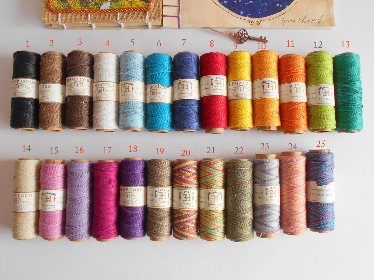 25 different colors of Hemp cord spools for bookbinding eco-friendly journals and sketchbooks at ExiArts