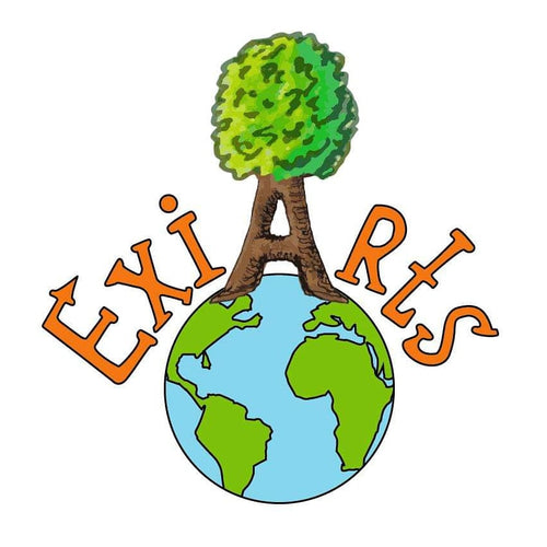 ExiArts handmade business logo consisting of a planet earth and a gigantic tree on the planet with a writing ExiArts