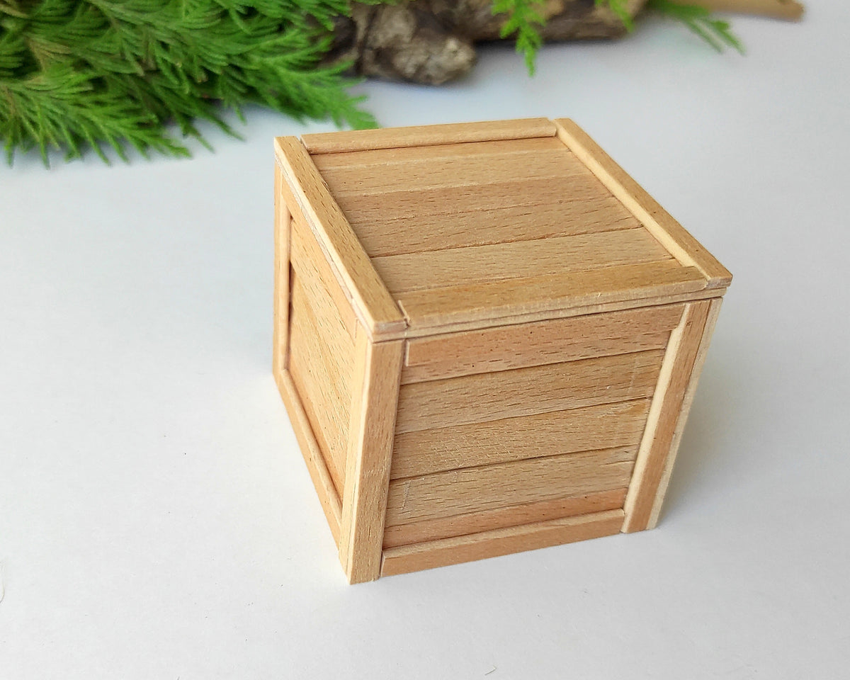 Miniature box chest with a cap- transporting chest box- from beech, pine, and bamboo sticks- box coffer for dollhouse- 1/12 doll accessories- mini crate