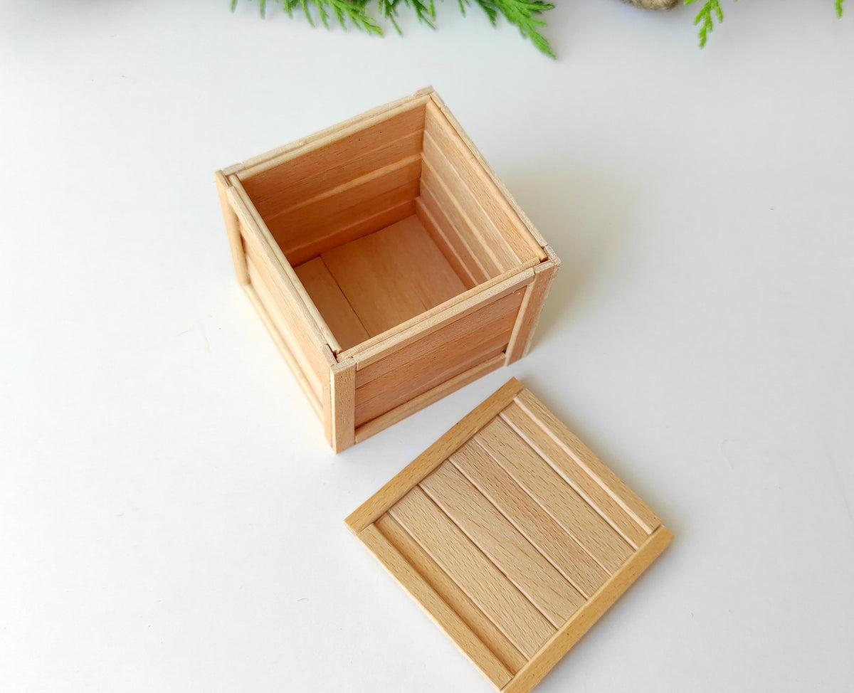 Miniature box chest with a cap- transporting chest box- from beech, pine, and bamboo sticks- box coffer for dollhouse- 1/12 doll accessories- mini crate