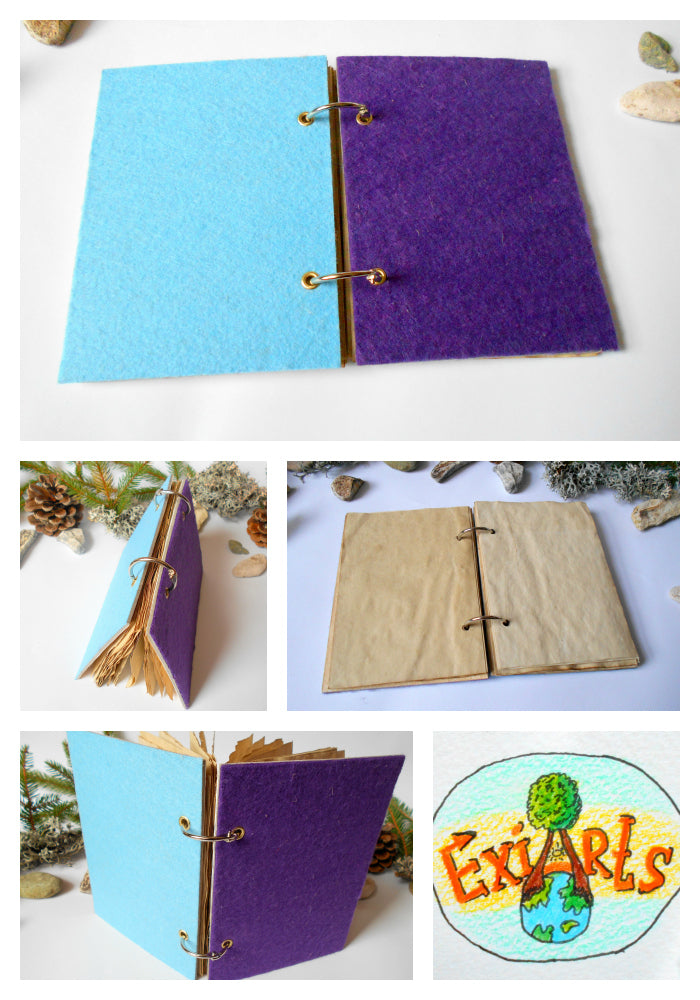 Light blue and purple hardcovered handmade felt journal with a refillable metal ring binding and 100% recycled coffee pages and eco-friendly adhesives by ExiArts with a logo