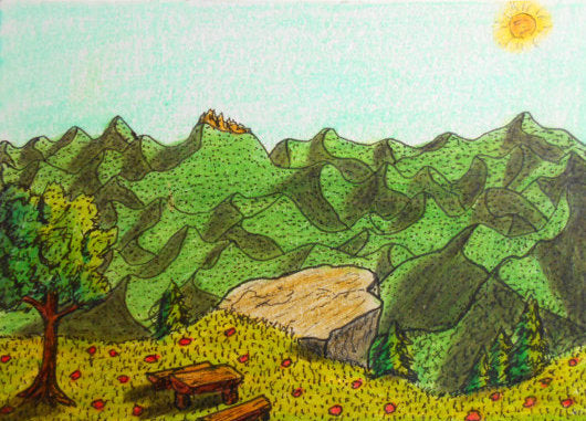 Original artwork made with black ink pen and color pencils showing a m,ountain landscape and a cliff with an oak tree and a bench and a table nearby the cliff