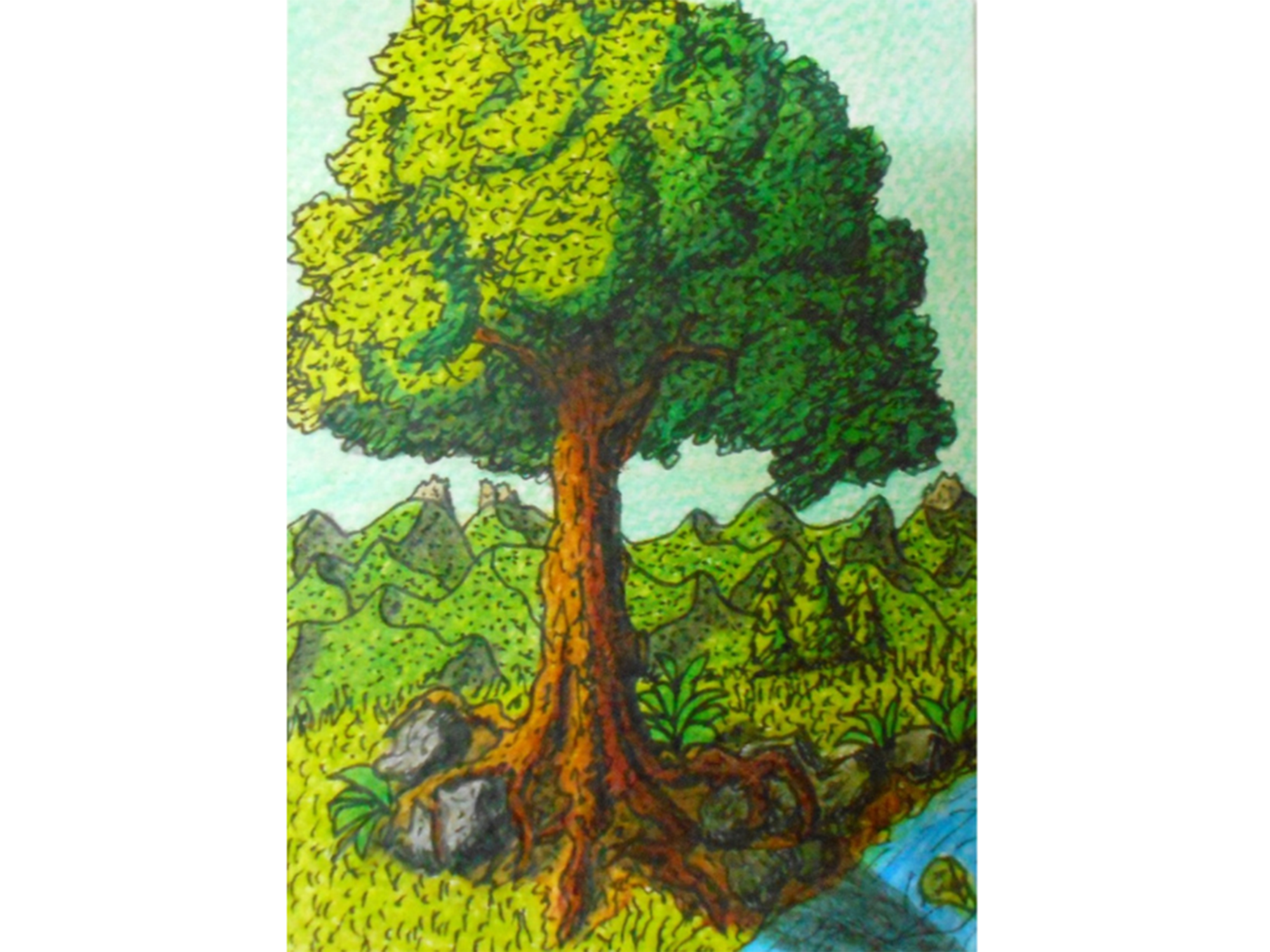 Oak tree near a river in the mountain view landscape art illustration