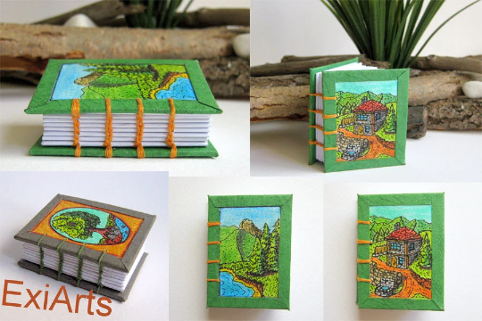 Miniature handmade and hand-drawn journal- green mini art journal with mountain nature views and a cottage house