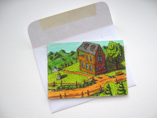 Art print ACEO card from original drawing of a fantasy world wooden cottage house- &#39;Gather Inn&#39; - Fantasy world serie