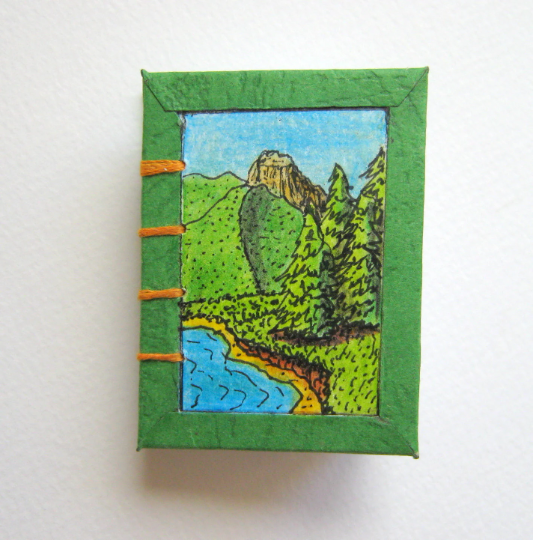 Miniature handmade and hand-drawn journal- green mini art journal with mountain nature views and a cottage house