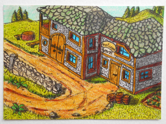 Original art aceo cottage drawing, collectable art card- ink and pencil drawing - 'Welcome Inn' 2.5 x 3.5 inches- signed by author Hristo hvoynev