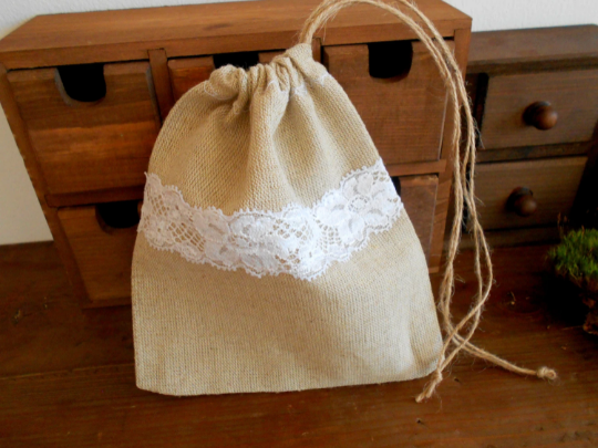Eco-friendly linen bags with white French lace - Weddings drawstring rustic bags- linen strip closing fabric sacks- Linen favor bags- Choose size