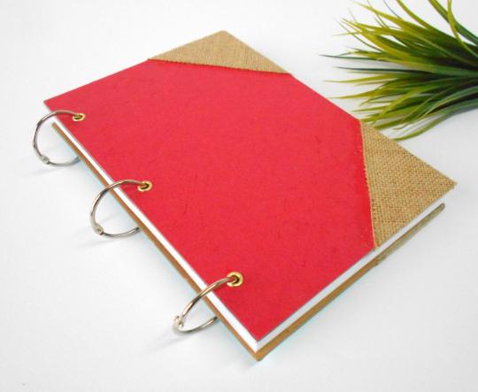 Refillable red handmade travel journal with a pocket inside the cover- 100% recycled pages- custom refillable ring journal- eco-friendly blank book