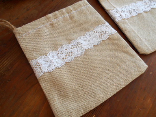 Eco-friendly linen bags with white French lace - Weddings drawstring rustic bags- linen strip closing fabric sacks- Linen favor bags- Choose size